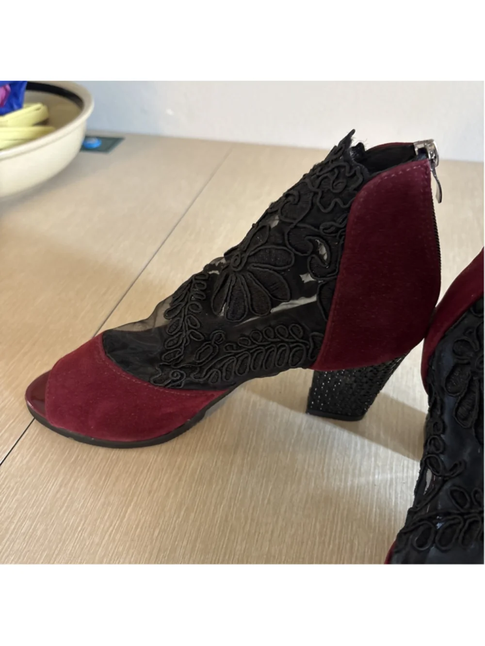 Burgundy Black Lace Ankle Boots Peep Toe Block Heel Women 39(8-8.5) 1190